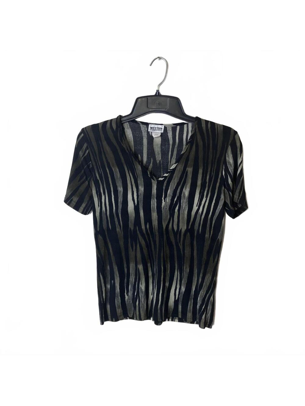 Western Collection Edgy Y2K Black Zebra Stripe V-Neck Short Sleeve Top Medium